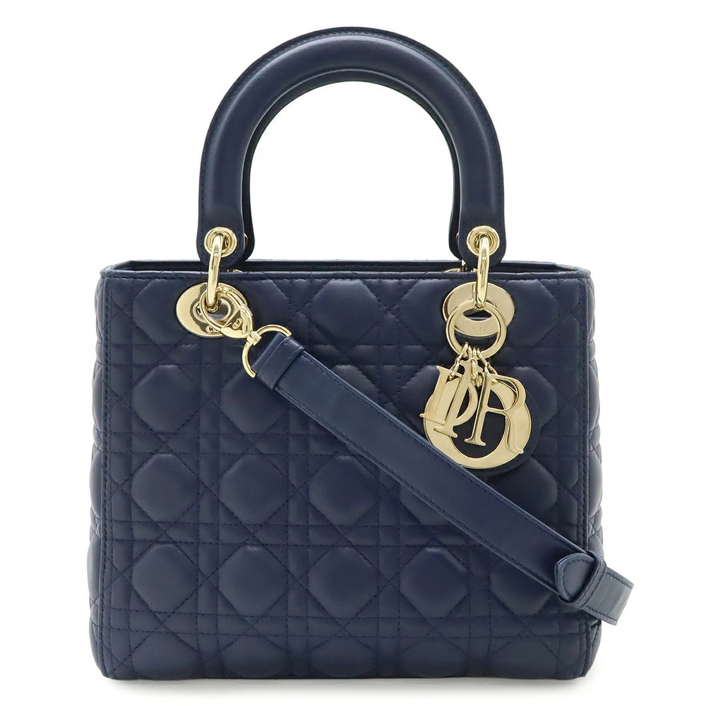Christian Dior Lady Cannage 2way Shoulder Bag Leather Navy Blue